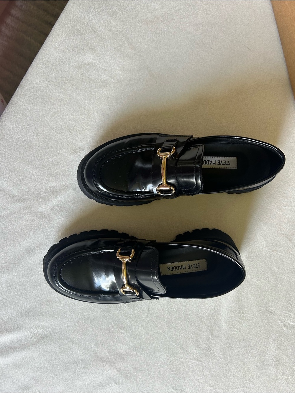 Steve Madden Black Leather Lug Sole Loafers with Gold Horsebit - Picture 2 of 5